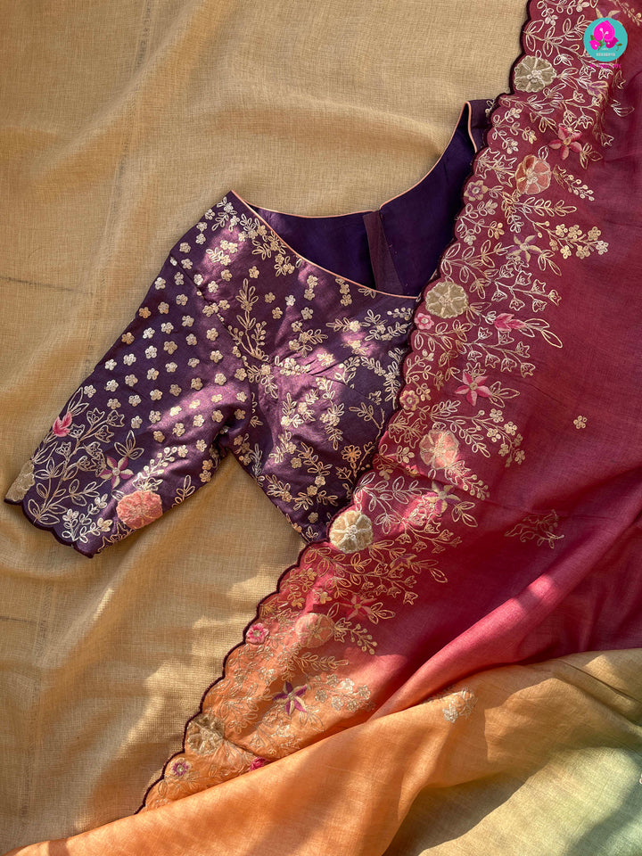 Multi shaded Pure Tussar Silk Saree with hand made pita embroidery paired with blouse