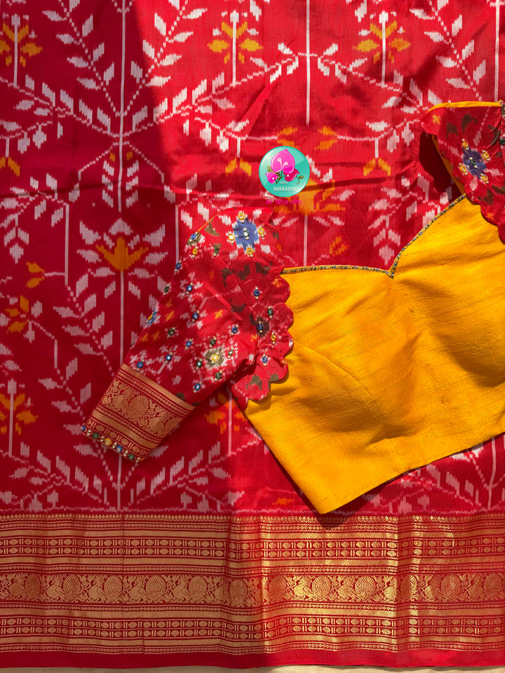 Crimson Flame & Gilded Glass: Bright Red Ikkat Silk with Kanchi Heritage