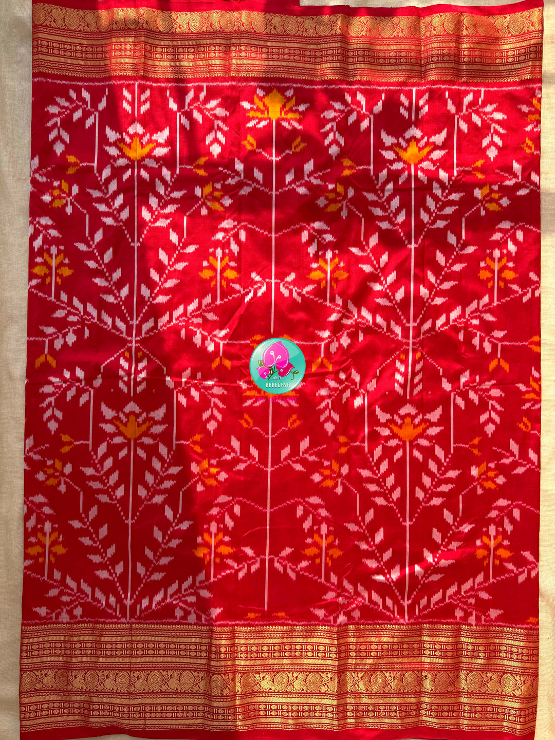 Crimson Flame & Gilded Glass: Bright Red Ikkat Silk with Kanchi Heritage