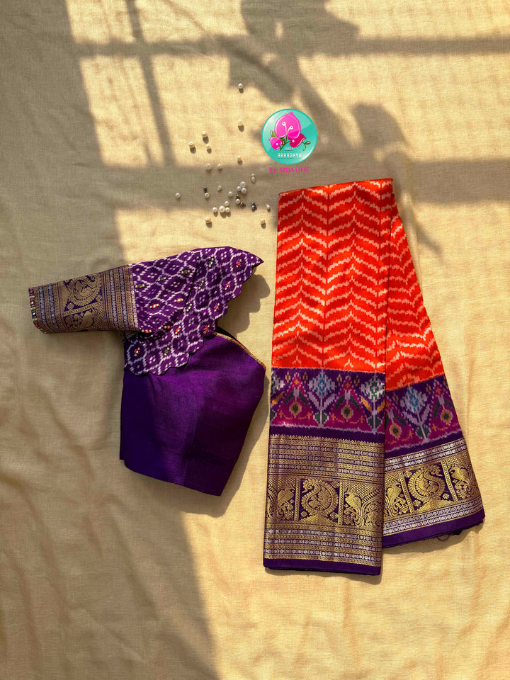 Sunset Waves: Leheriya Orange Ikkat Silk Saree with Kanchi Heritage Border