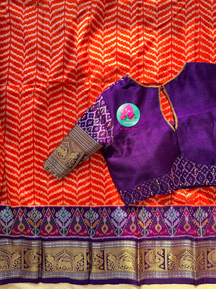 Sunset Waves: Leheriya Orange Ikkat Silk Saree with Kanchi Heritage Border