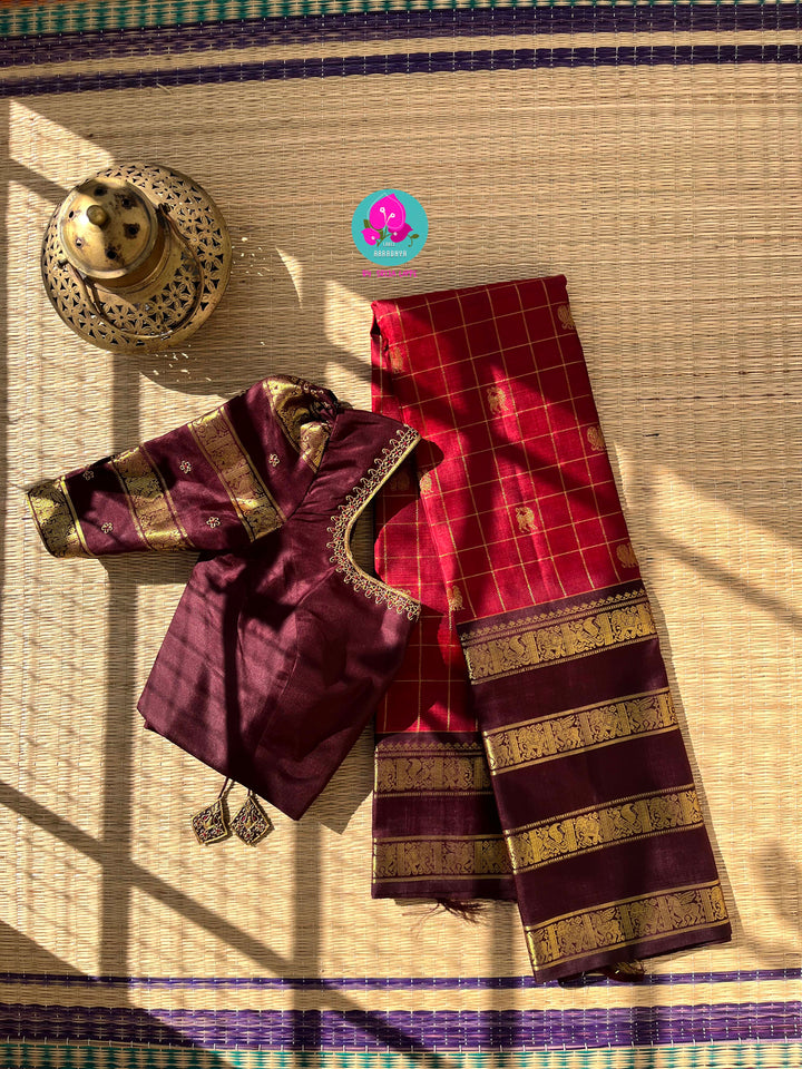 A Symphony of Checks: Crimson Red & Brown Kanchipattu Saree with Hand-Embroidered Artisan Details