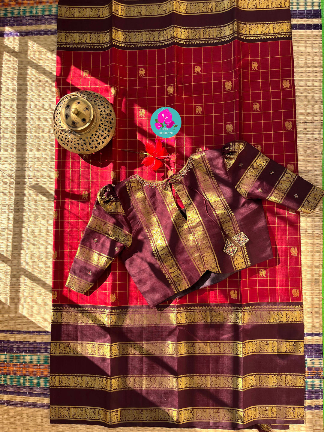 A Symphony of Checks: Crimson Red & Brown Kanchipattu Saree with Hand-Embroidered Artisan Details