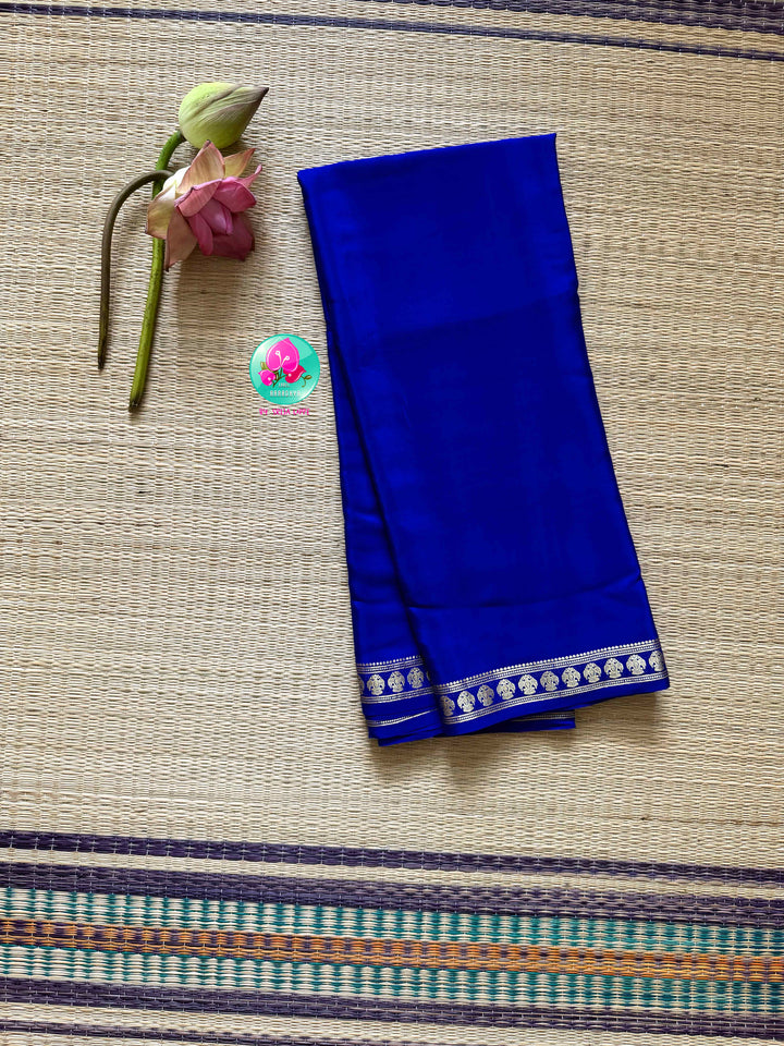 The Sapphire Crest: Pure Blue Mysore Silk Saree with Gandaberunda Heritage