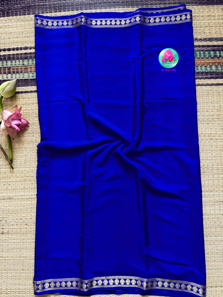 The Sapphire Crest: Pure Blue Mysore Silk Saree with Gandaberunda Heritage