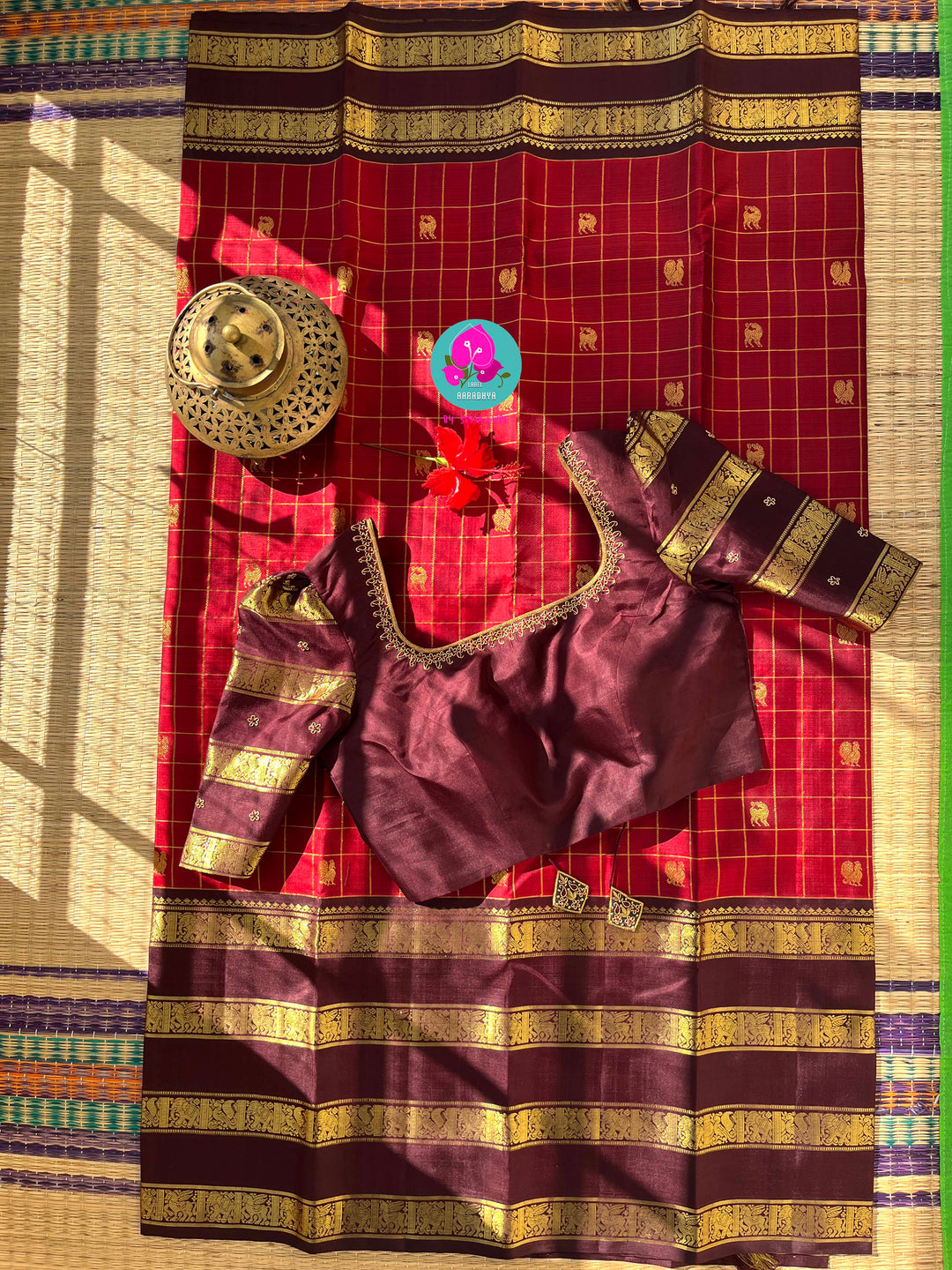 A Symphony of Checks: Crimson Red & Brown Kanchipattu Saree with Hand-Embroidered Artisan Details