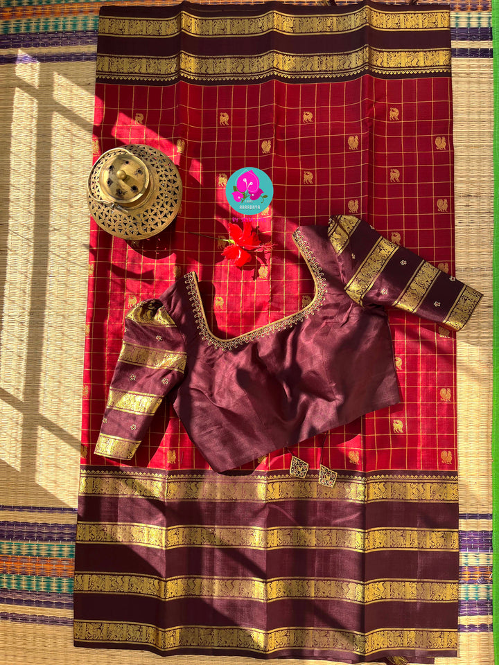 A Symphony of Checks: Crimson Red & Brown Kanchipattu Saree with Hand-Embroidered Artisan Details