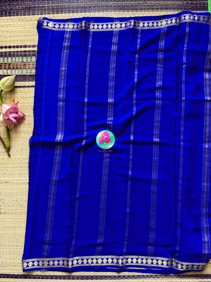 The Sapphire Crest: Pure Blue Mysore Silk Saree with Gandaberunda Heritage