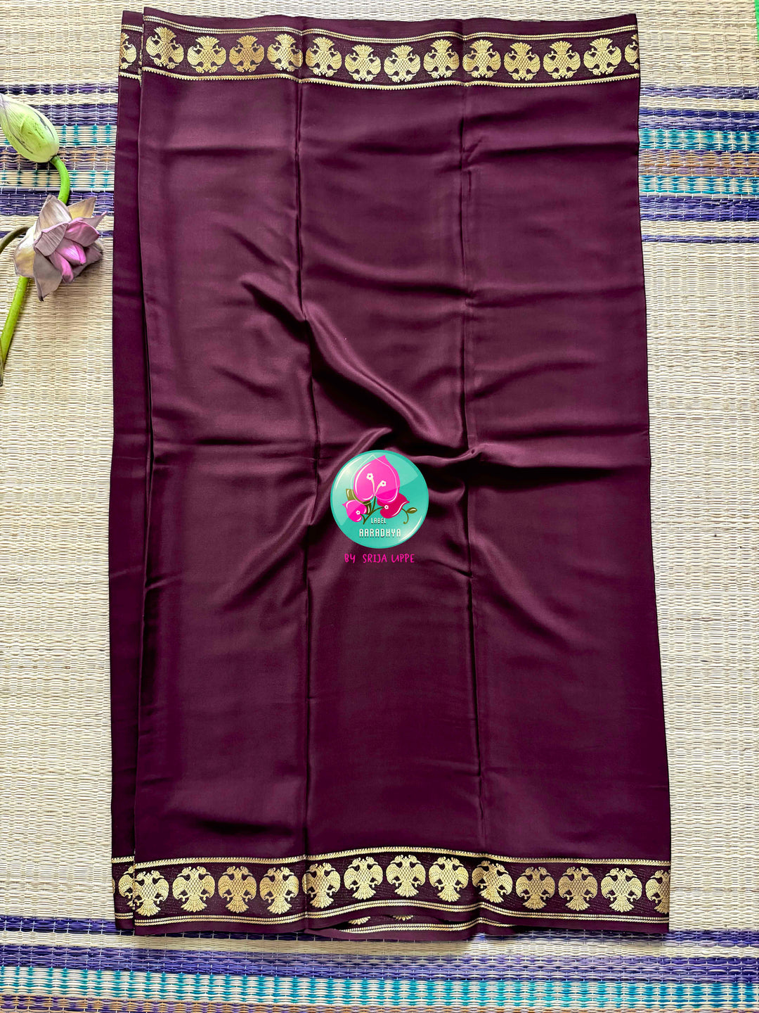The Mahogany Crest: Pure Deep Brown Mysore Silk Saree with Gandaberunda Heritage