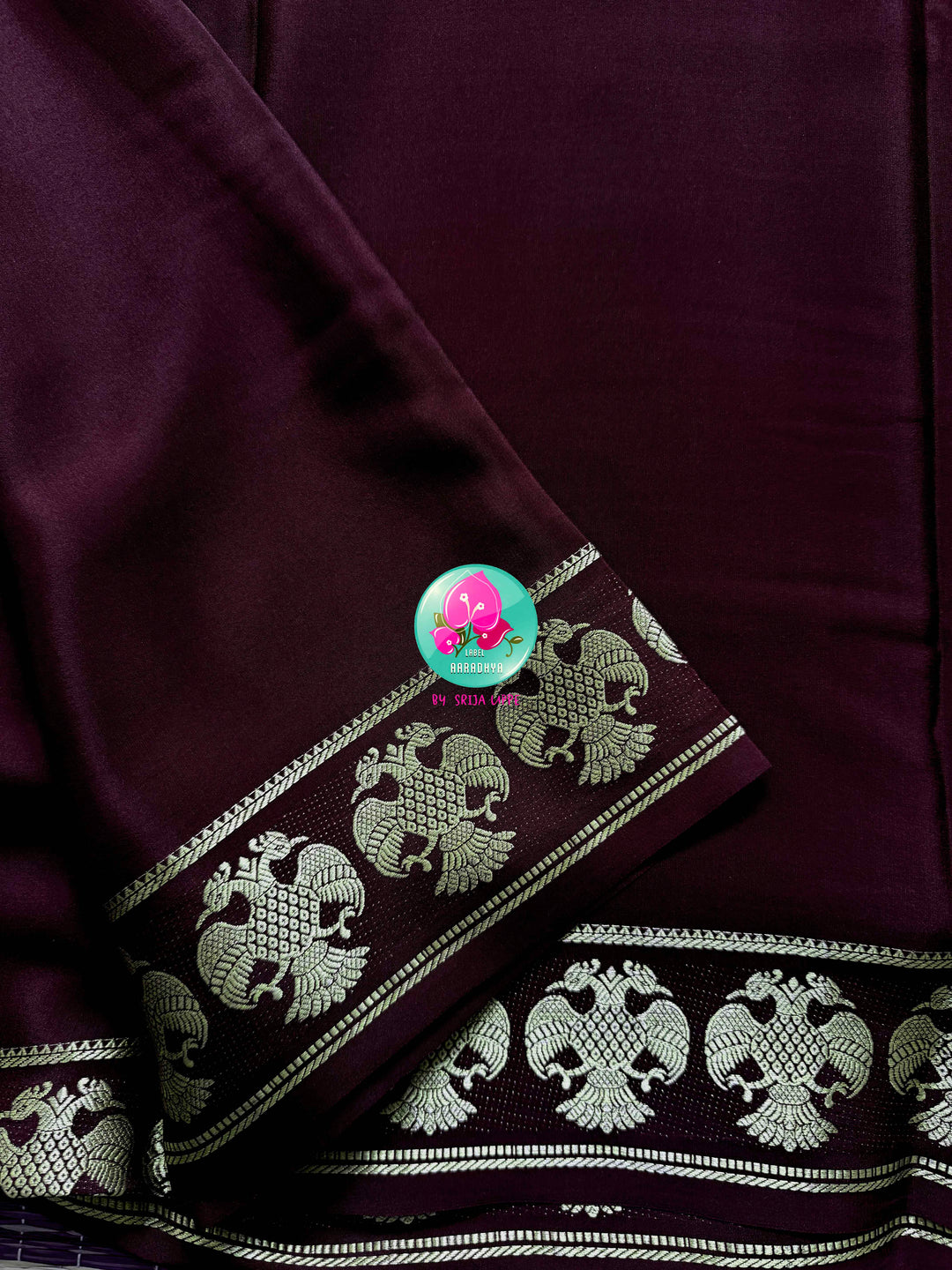 The Mahogany Crest: Pure Deep Brown Mysore Silk Saree with Gandaberunda Heritage