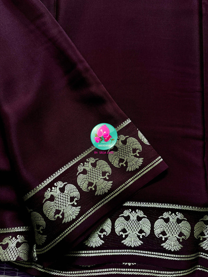 The Mahogany Crest: Pure Deep Brown Mysore Silk Saree with Gandaberunda Heritage