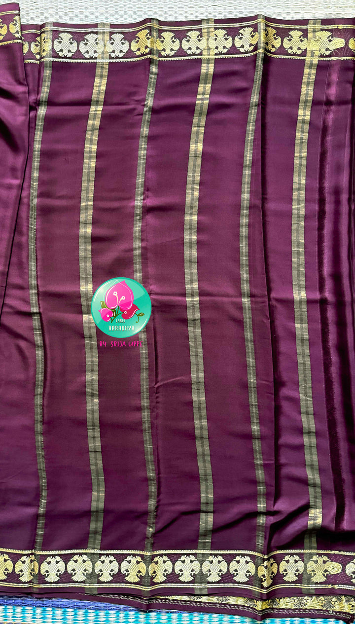 The Mahogany Crest: Pure Deep Brown Mysore Silk Saree with Gandaberunda Heritage