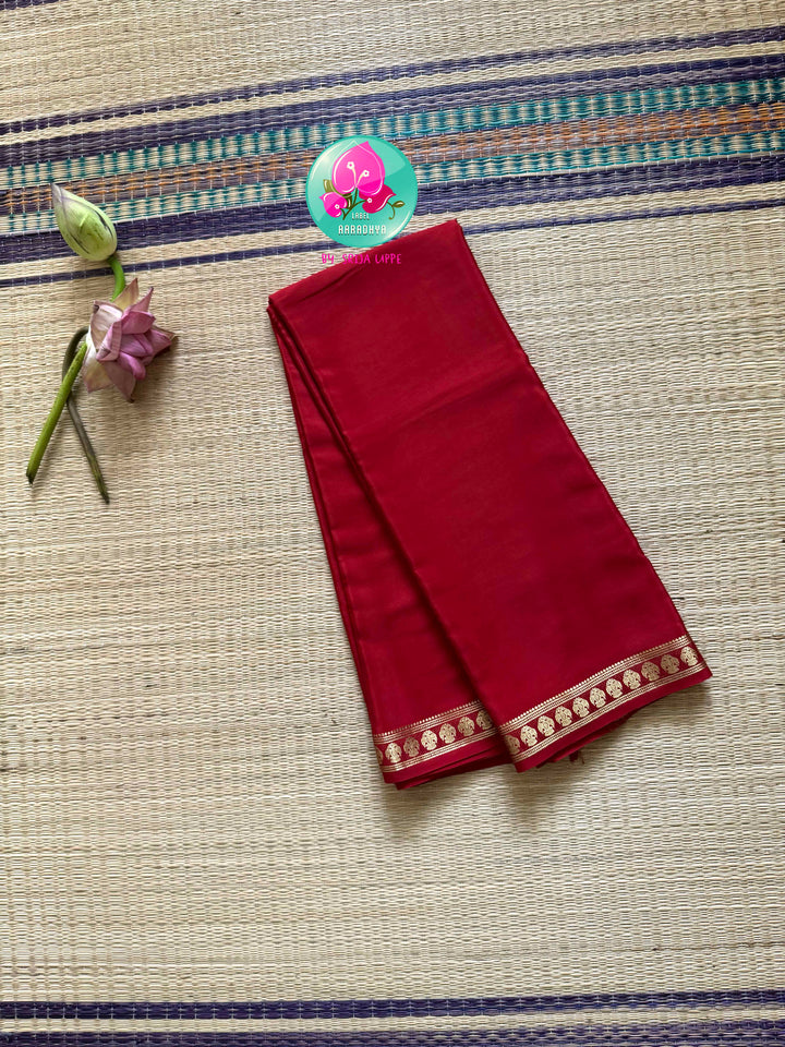 The Crimson Crest: Pure Red Mysore Silk Saree with Gandaberunda Heritage
