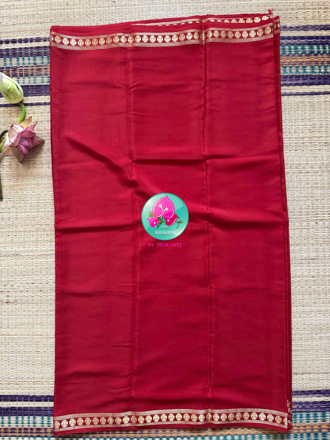 The Crimson Crest: Pure Red Mysore Silk Saree with Gandaberunda Heritage