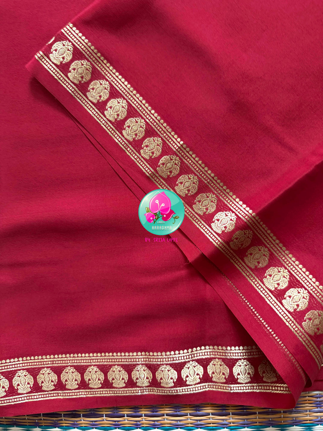 The Crimson Crest: Pure Red Mysore Silk Saree with Gandaberunda Heritage