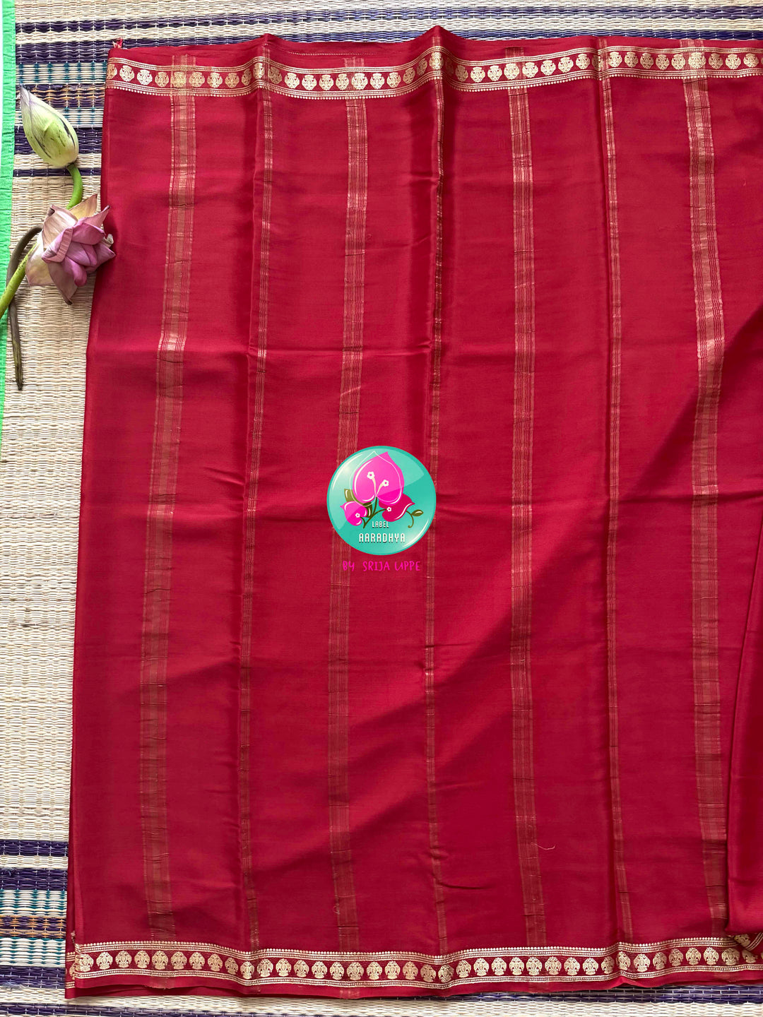 The Crimson Crest: Pure Red Mysore Silk Saree with Gandaberunda Heritage
