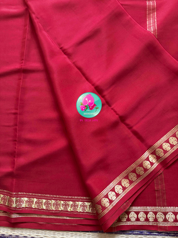 The Crimson Crest: Pure Red Mysore Silk Saree with Gandaberunda Heritage