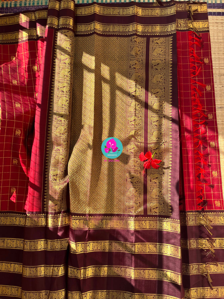 A Symphony of Checks: Crimson Red & Brown Kanchipattu Saree with Hand-Embroidered Artisan Details