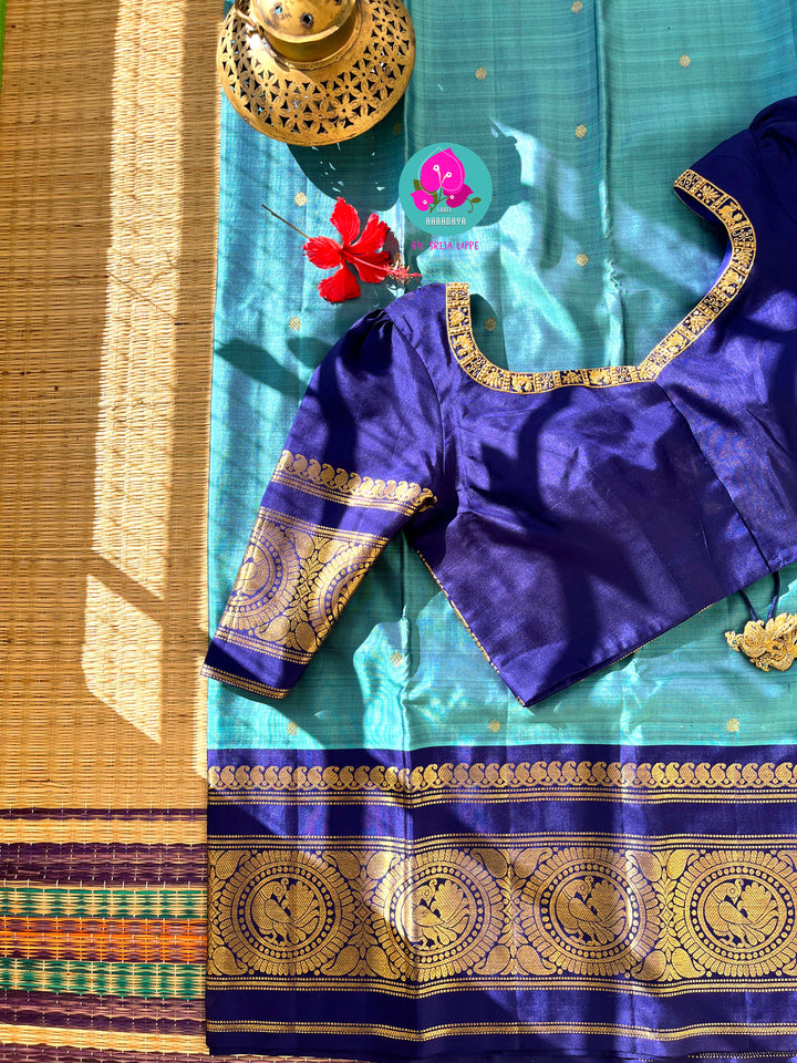 Azure Symphony: Pastel & Royal Blue 2G Zari Kanchipattu Saree with Hand-Embroidered Blouse