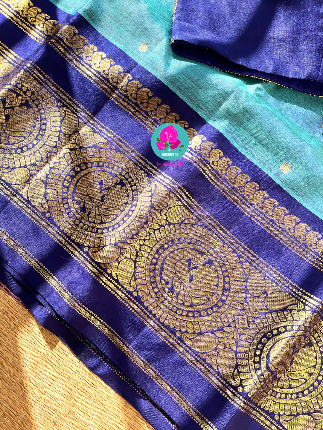 Azure Symphony: Pastel & Royal Blue 2G Zari Kanchipattu Saree with Hand-Embroidered Blouse