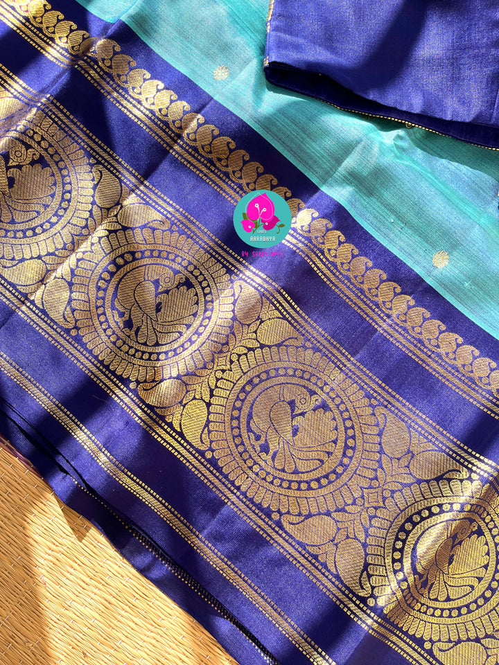 Azure Symphony: Pastel & Royal Blue 2G Zari Kanchipattu Saree with Hand-Embroidered Blouse