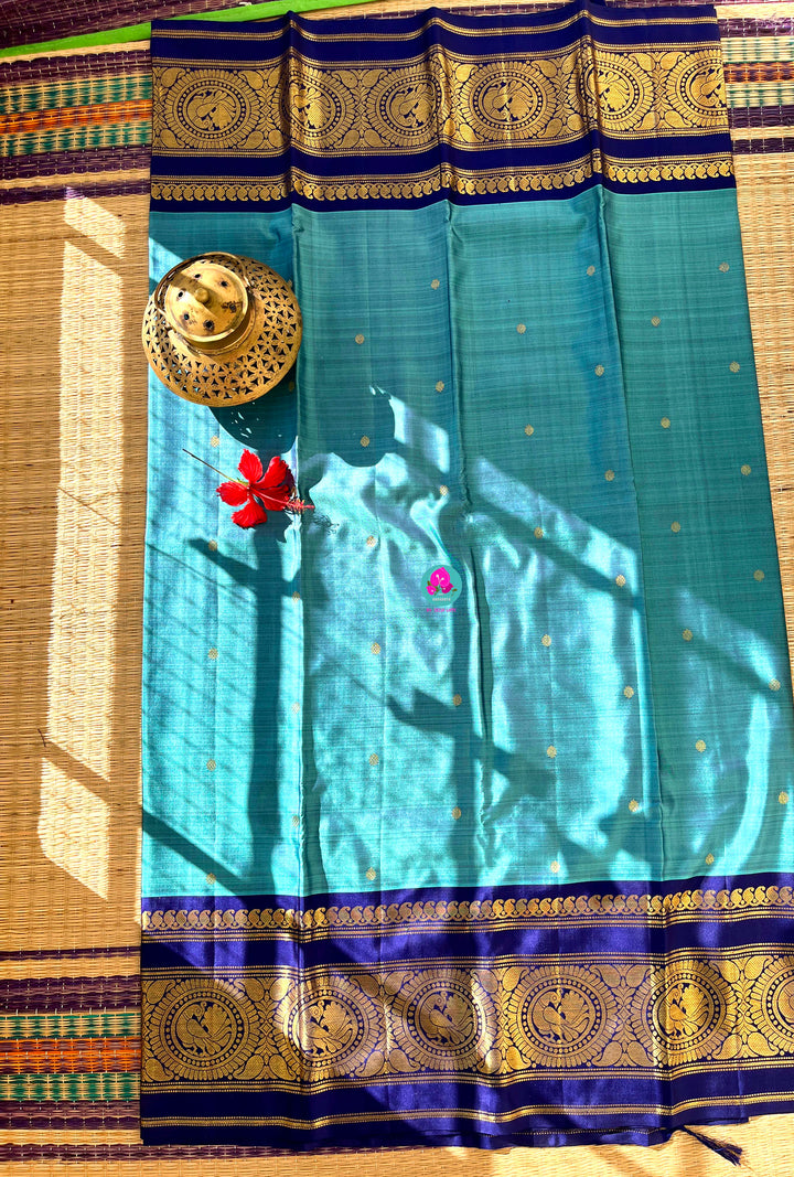 Azure Symphony: Pastel & Royal Blue 2G Zari Kanchipattu Saree with Hand-Embroidered Blouse