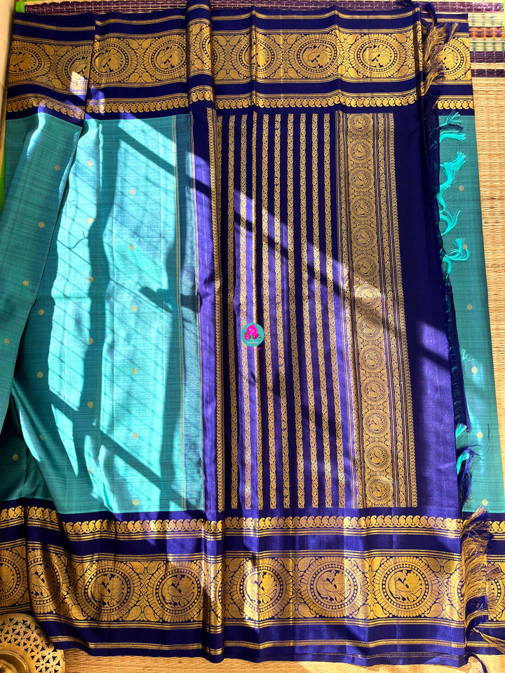 Azure Symphony: Pastel & Royal Blue 2G Zari Kanchipattu Saree with Hand-Embroidered Blouse