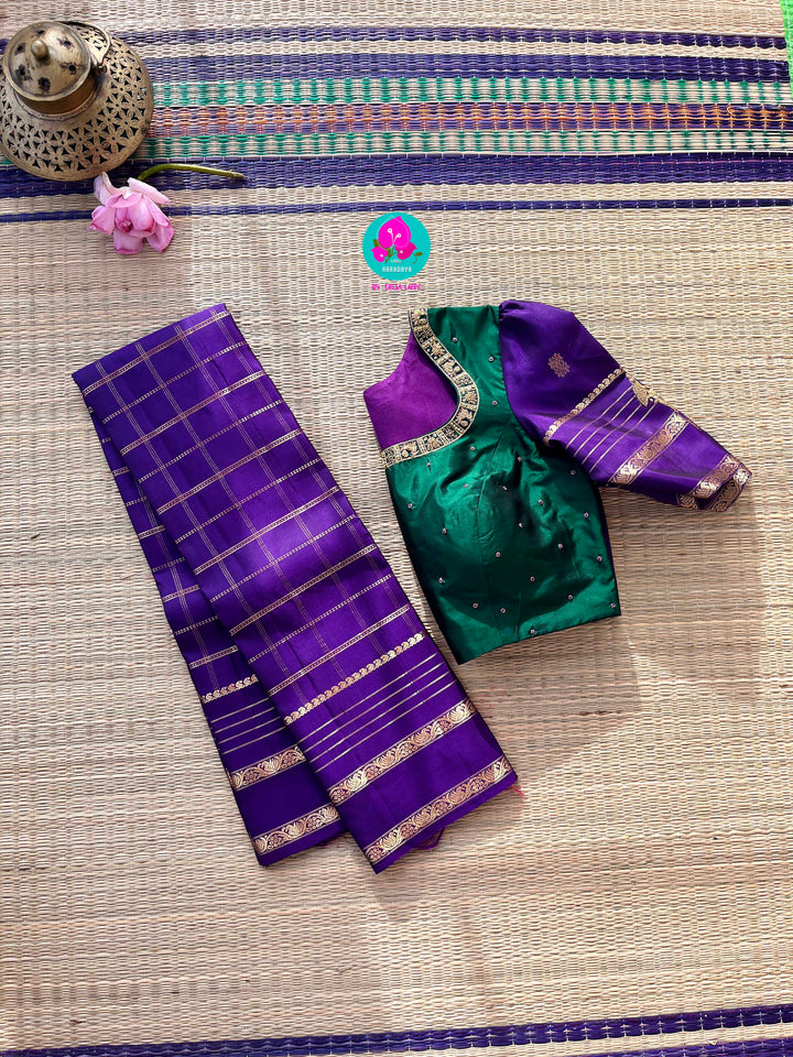 Pure Kanchipattu Checkered saree in beautiful shade of purple and Hand embroidered blouse