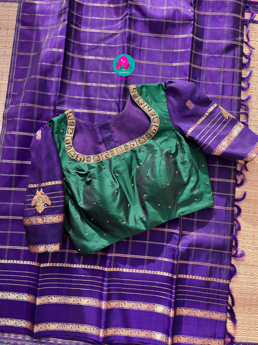 Pure Kanchipattu Checkered saree in beautiful shade of purple and Hand embroidered blouse