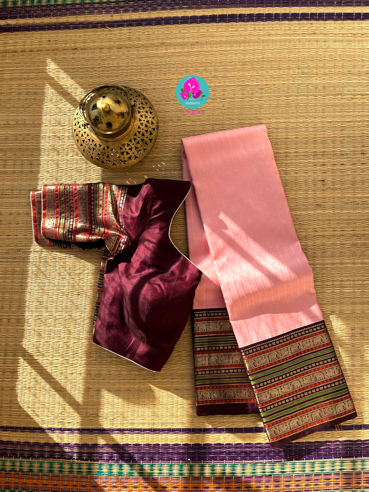 2G Zari Pure Kanchipuram saree with vintage long border in string of pearl stripes butta
