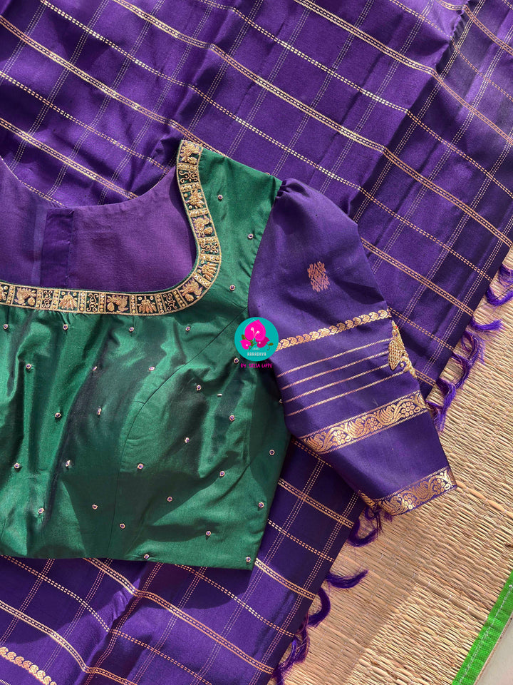 Pure Kanchipattu Checkered saree in beautiful shade of purple and Hand embroidered blouse