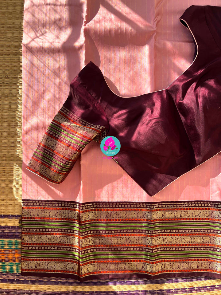 2G Zari Pure Kanchipuram saree with vintage long border in string of pearl stripes butta
