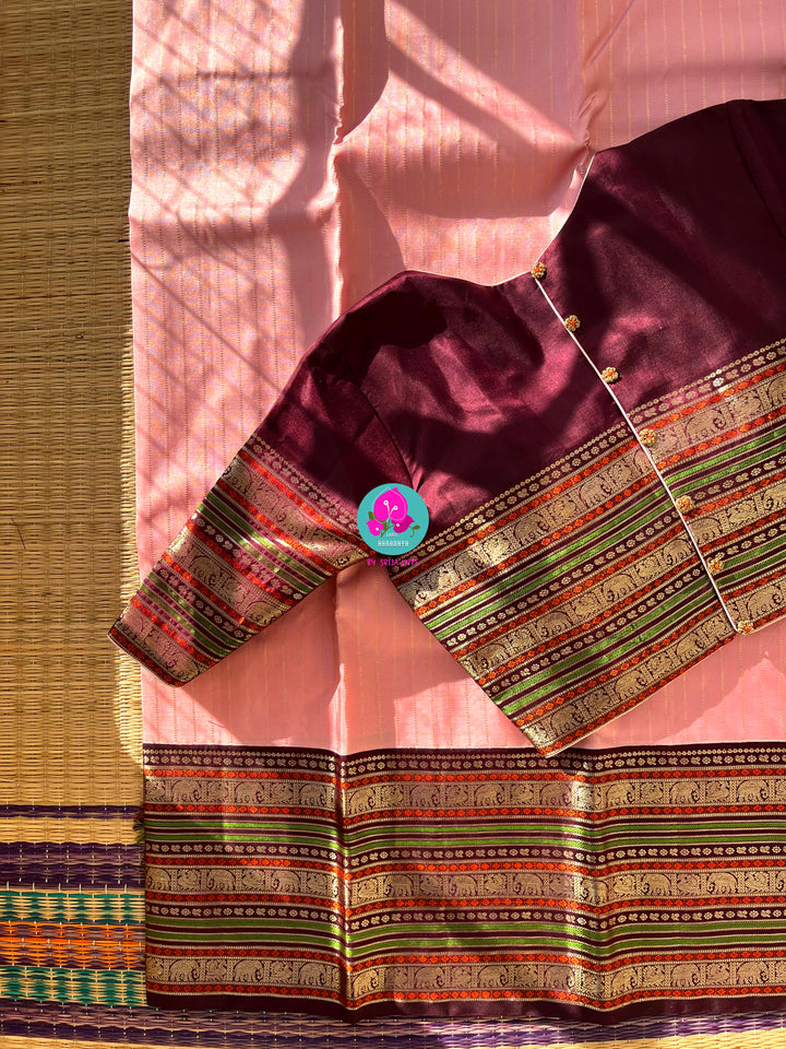 2G Zari Pure Kanchipuram saree with vintage long border in string of pearl stripes butta
