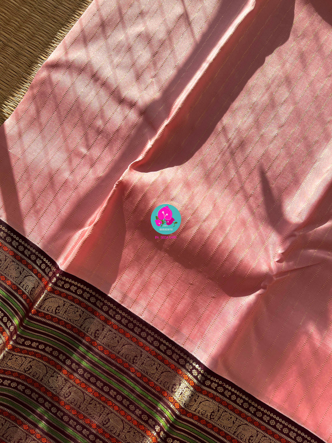 2G Zari Pure Kanchipuram saree with vintage long border in string of pearl stripes butta