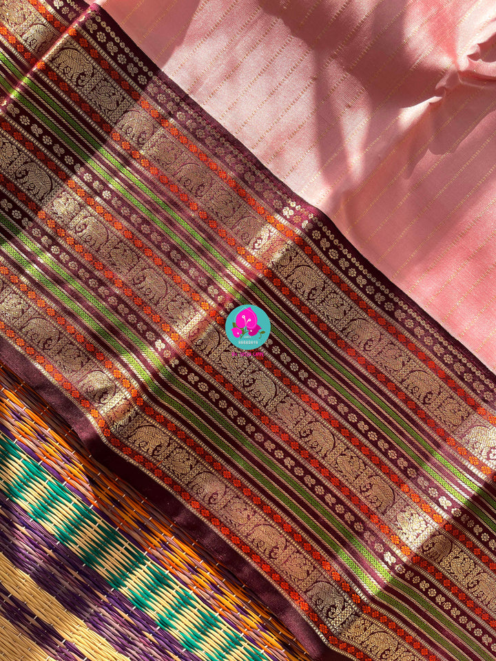 2G Zari Pure Kanchipuram saree with vintage long border in string of pearl stripes butta