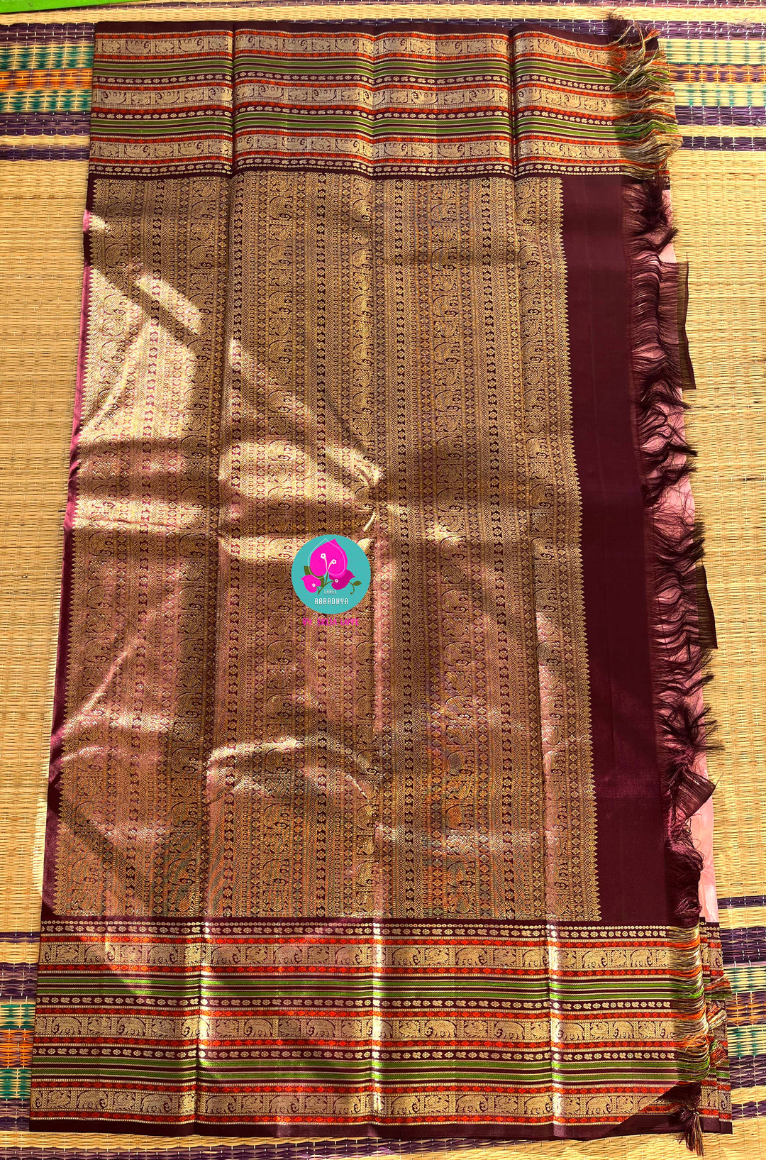 2G Zari Pure Kanchipuram saree with vintage long border in string of pearl stripes butta