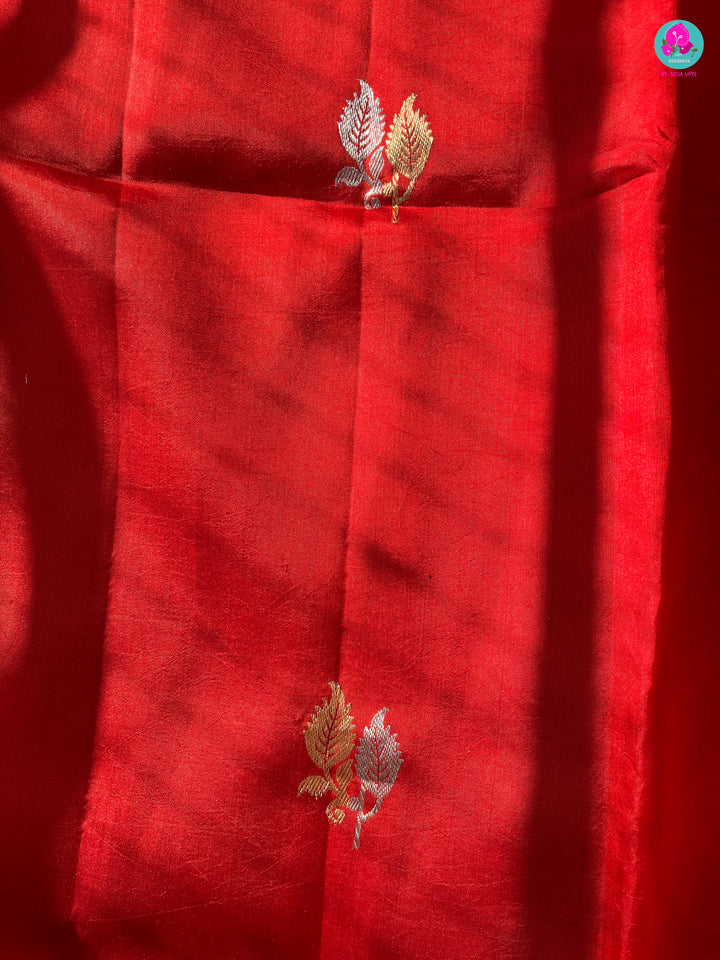 Pure Raw Mango Silk Saree with Scallop style border paired with Pure raw silk blouse