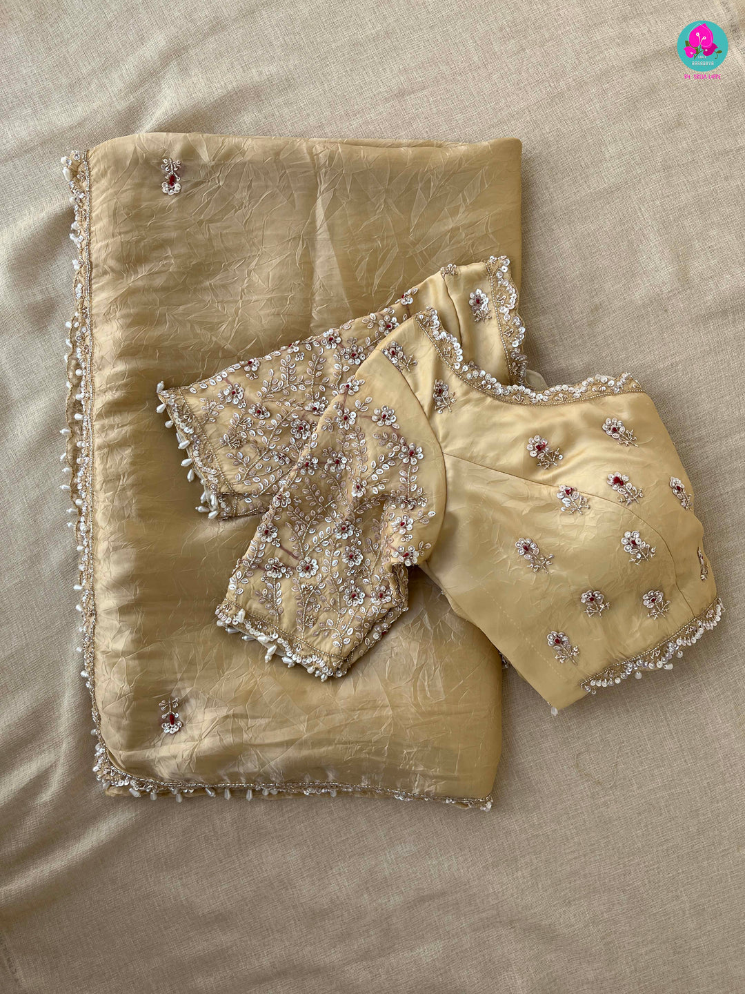 Soft Crushed Organza Silk Saree with hand embroidered blouse