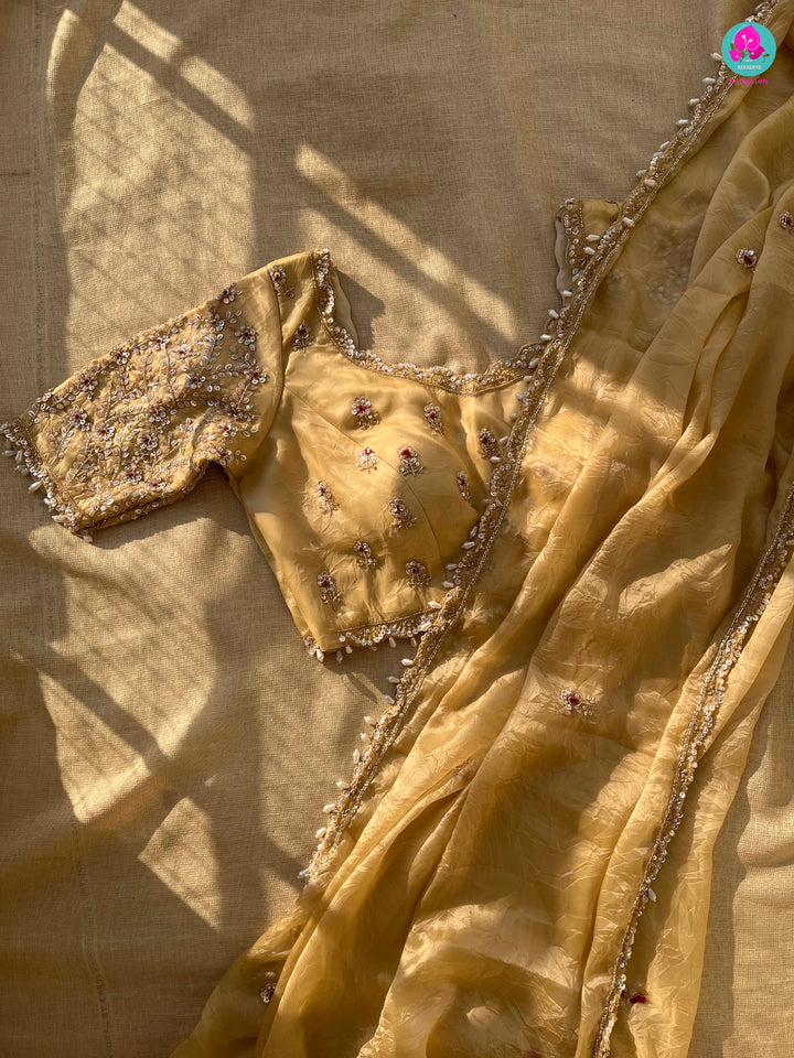 Soft Crushed Organza Silk Saree with hand embroidered blouse