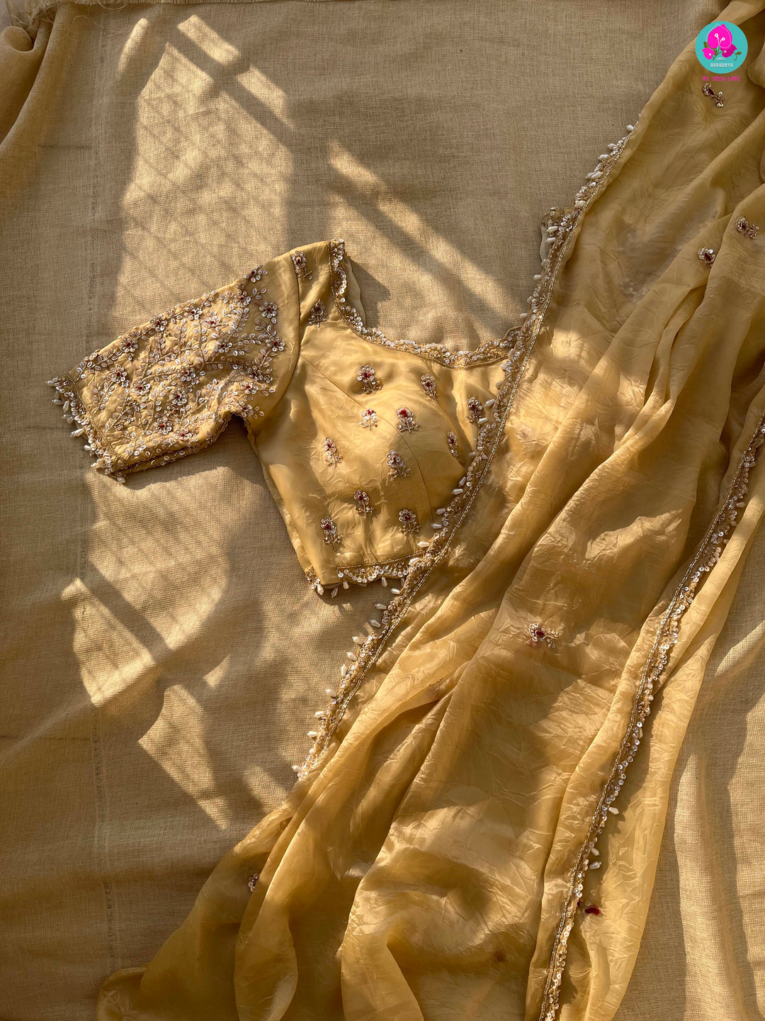 Soft Crushed Organza Silk Saree with hand embroidered blouse