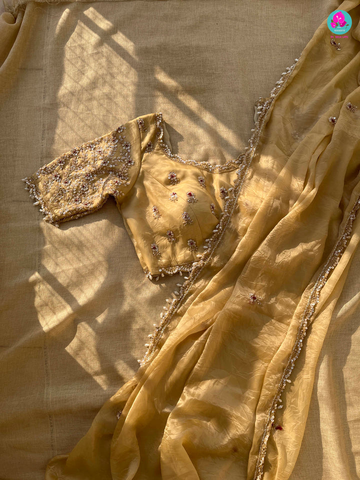 Soft Crushed Organza Silk Saree with hand embroidered blouse