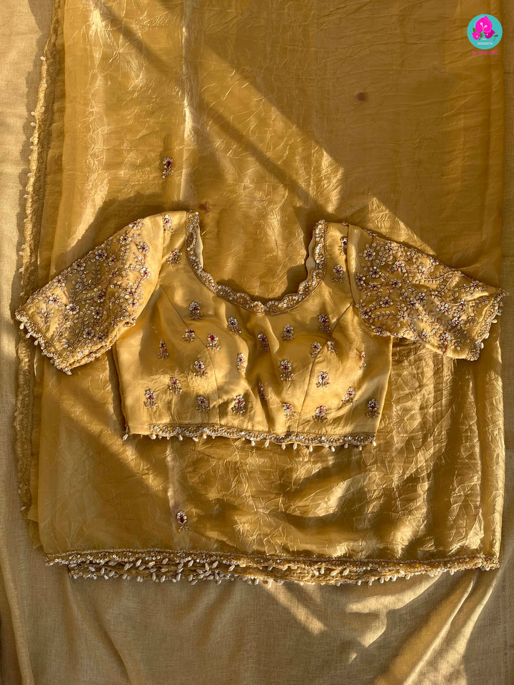 Soft Crushed Organza Silk Saree with hand embroidered blouse