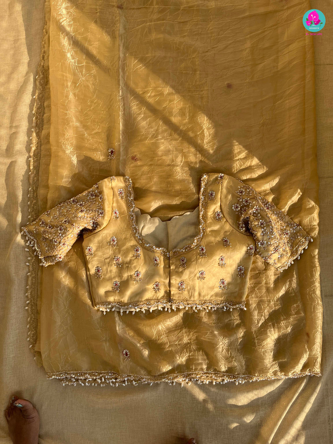 Soft Crushed Organza Silk Saree with hand embroidered blouse