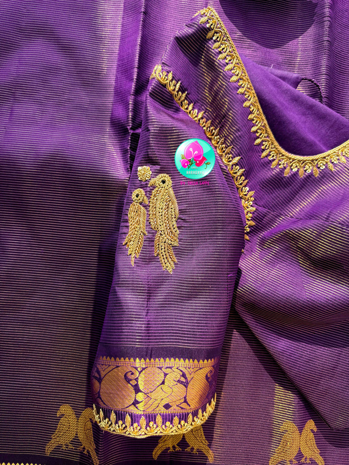 The Amethyst Flight: Purple Vaira Oosi Kanchipattu Saree with Artisan Bird Embroidery