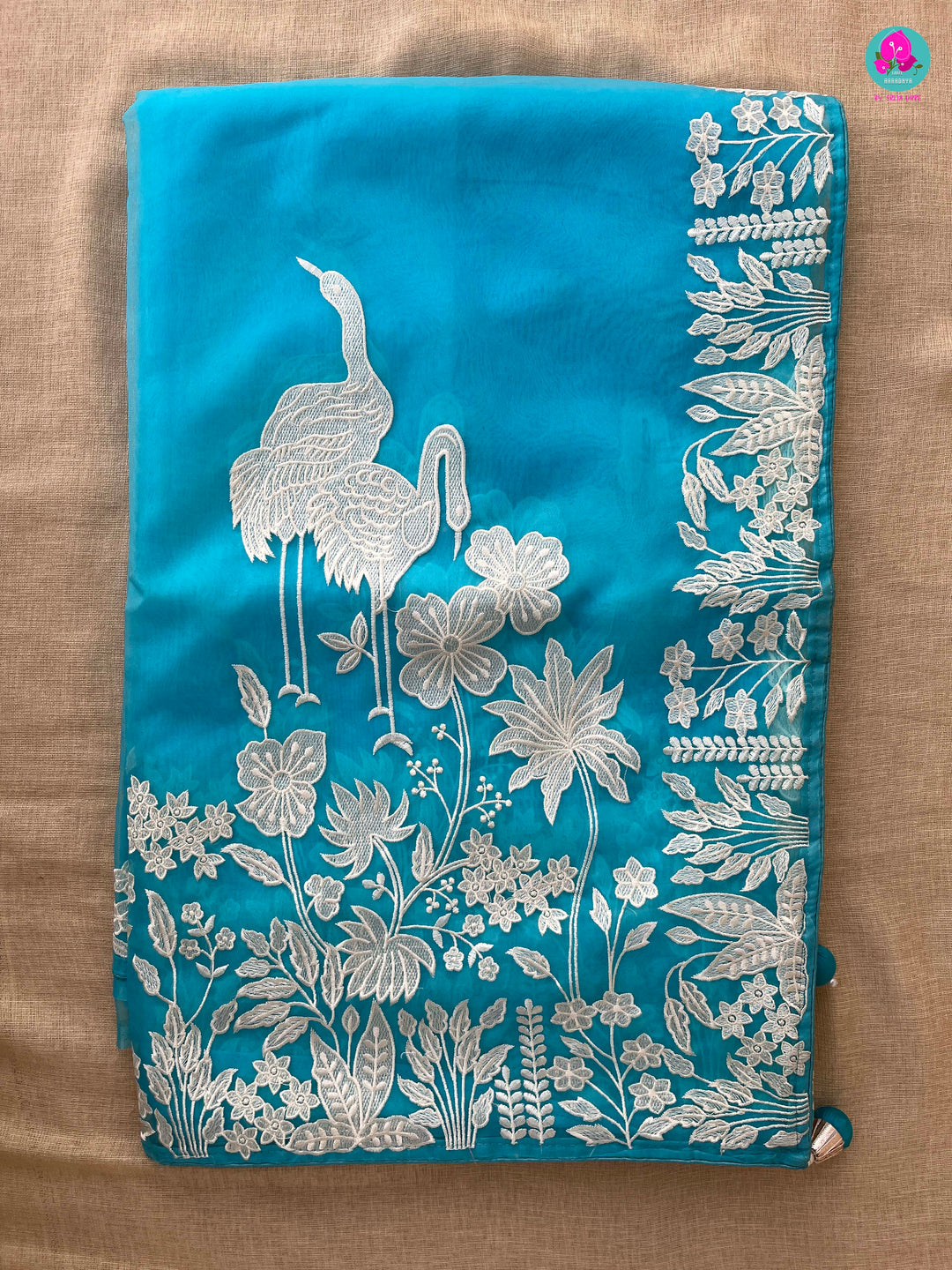 Soft Organza Saree with Floral & Crane Design