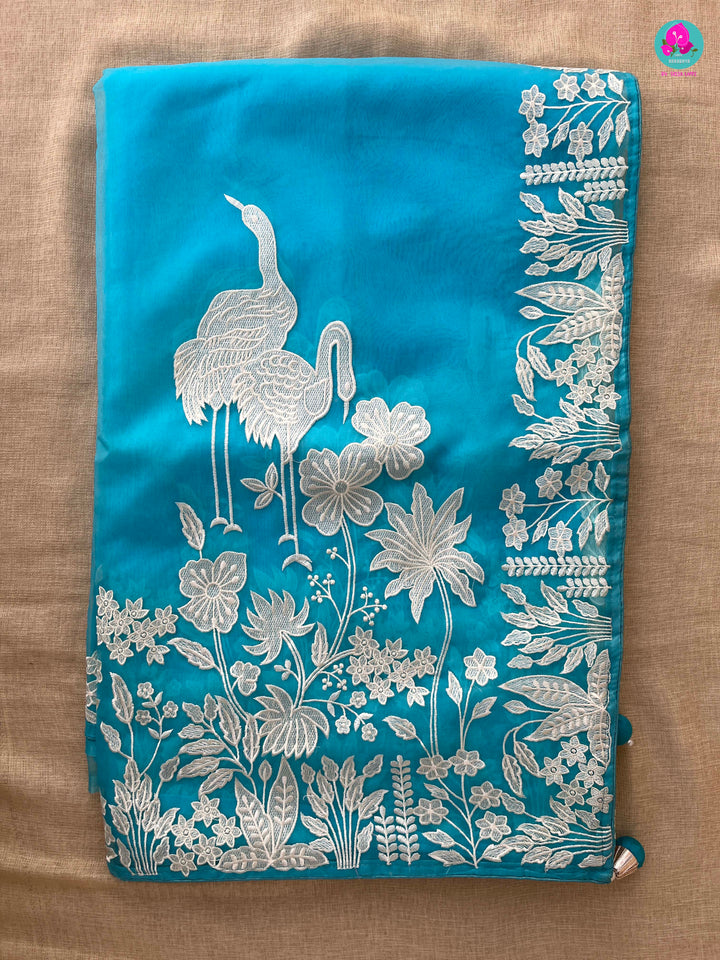 Soft Organza Saree with Floral & Crane Design