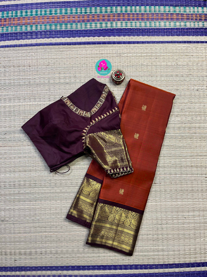Pure Kanchipattu saree in vintage rust orange and brown border with hand embroidered blouse