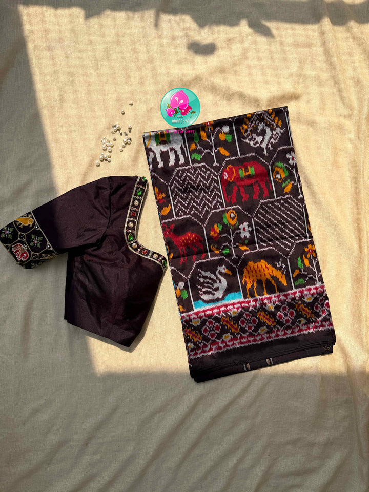 The Mahogany Menagerie: Pure Deep Brown Ikkat Silk Saree with Two side patola border