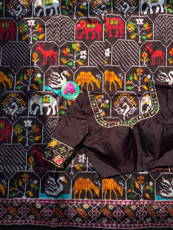The Mahogany Menagerie: Pure Deep Brown Ikkat Silk Saree with Two side patola border