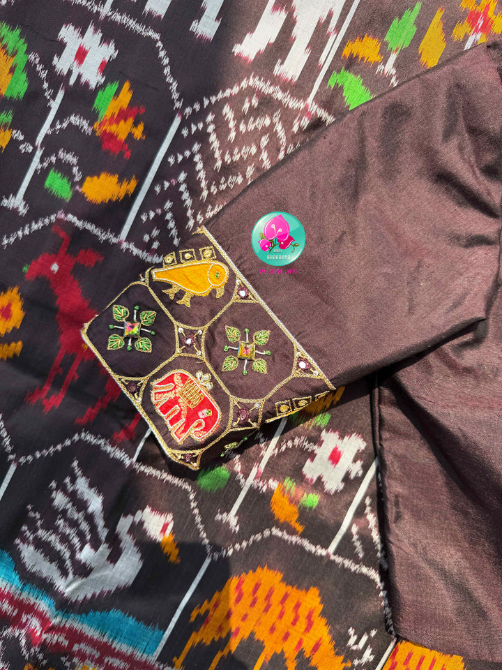 The Mahogany Menagerie: Pure Deep Brown Ikkat Silk Saree with Two side patola border